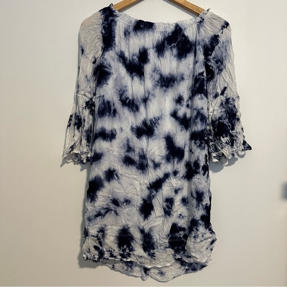Knox Rose blue & white Tie Dye Off the Shoulder Dress bell Sleeves with Crochet - Picture 7 of 7